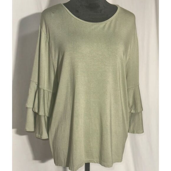 FRYE Olive Green Knit Top, Ruffled Sleeve, Large - Picture 6 of 7